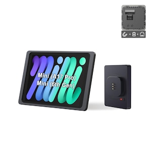 May include: A black tablet with the text "Mini (A17 Pro) Mini (6th Gen)" in white, purple, and green. A black charging dock and a small gray component are also visible. The tablet has a dark gray frame.