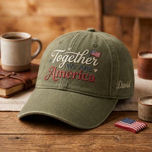 May include: Olive green baseball cap embroidered with the words "Together We Are America" in white and red script. The cap features a small American flag and the name "David" embroidered on the side. A miniature American flag is placed on the table.