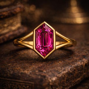 Pode incluir: Um anel de ouro com uma pedra preciosa rosa vibrante de corte hexagonal cravada num bisel liso. A banda tem um design de haste dividida que se estreita em direção ao centro, criando um visual limpo e polido para esta peça de joalharia.