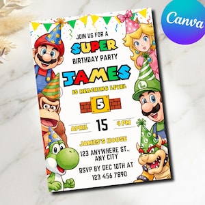 Super Mario Birthday Invitation Mario Party Invite for Kids Boys Girls Instant Download 5x7 inch Editable Canva Template (Digital Download)