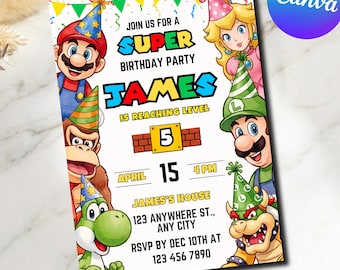 Super Mario Geburtstagseinladung Mario Party Einladung für Kinder Jungen Mädchen Sofort-Download 5 x 7 Zoll Bearbeitbare Canva-Vorlage (Digitaler Download)