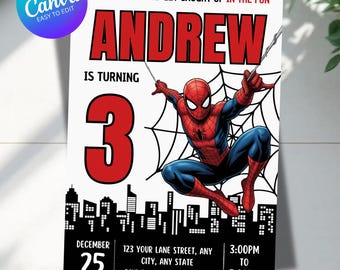 Spider Man Invitation, Spider-man Boys Birthday Party Digital Invitation, Kids Birthday Card, Digital Download, Editable Template Canva