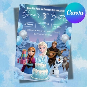 Op de afbeelding: Een Frozen-thema verjaardagsuitnodiging met Elsa, Anna, Kristoff, Olaf en Sven. De uitnodiging bevat de tekst "Olivia's 3rd Birthday" en evenementdetails. Blauw en wit kleurenschema met een winterlandschap achtergrond.