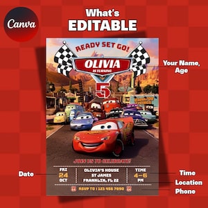 May include: A red birthday invitation featuring the Cars movie characters. The invitation includes the text "READY SET GO!" and "OLIVIA IS TURNING 5". The date, time, location, and RSVP information are also included.
