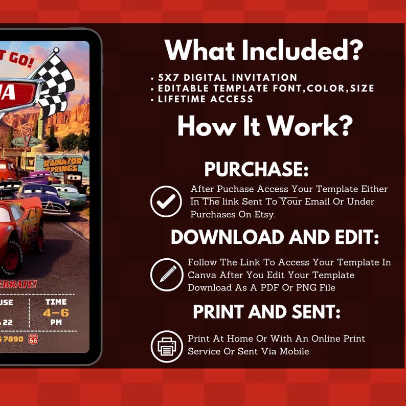 May include: Digital invitation template featuring a race car theme with the text "What Included?" and "How It Work?" on a dark red background. The invitation includes a 5x7 digital invitation, editable template, and lifetime access.