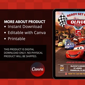 May include: Digital birthday party invitation featuring the Cars movie characters. The invitation includes the text "READY SET OLIVIA IS TURNING 5". Additional text includes party details and the Canva logo.