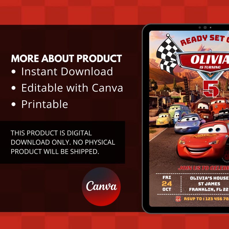 May include: Digital birthday party invitation featuring the Cars movie characters. The invitation includes the text "READY SET OLIVIA IS TURNING 5". Additional text includes party details and the Canva logo.