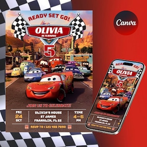 May include: A birthday party invitation featuring the Cars movie theme. The design includes a red race car, the text "Ready Set Go!" and "Olivia is turning 5". A smartphone displays the same design. The invitation includes party details.
