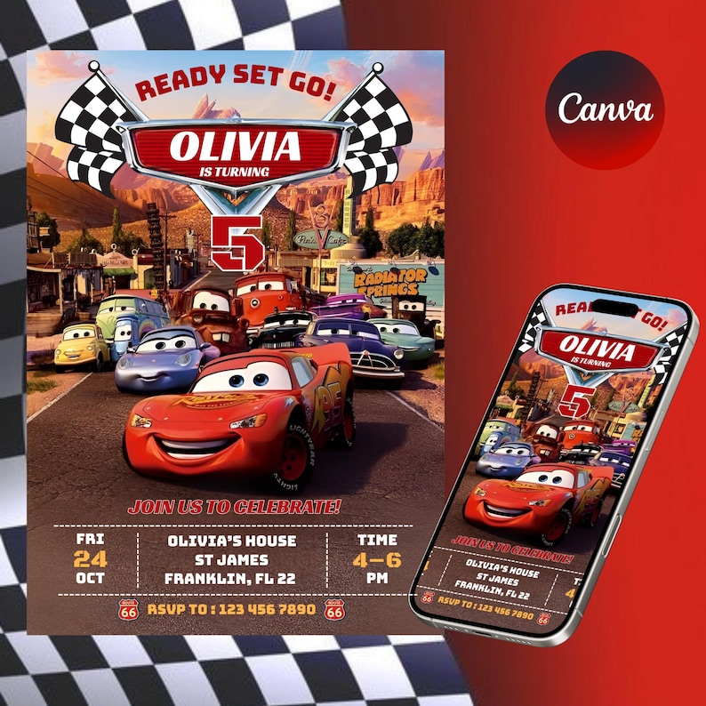 May include: A birthday party invitation featuring the Cars movie theme. The design includes a red race car, the text "Ready Set Go!" and "Olivia is turning 5". A smartphone displays the same design. The invitation includes party details.