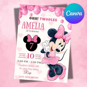 Puede incluir: Invitación de cumpleaños rosa y blanca con Minnie Mouse. La invitación incluye el texto "OHH! TWODLES", "AMELIA IS TURNING 7" y detalles del evento. Globos y corazones rosas decoran el fondo. El logotipo de Canva está en la esquina superior derecha.