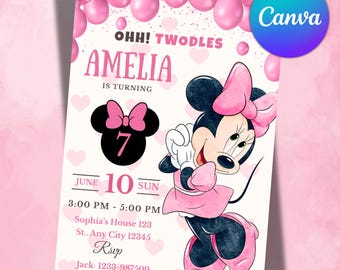 Editable Minnie Mouse Birthday Invitation, Cute Mouse Birthday Invite, Girls minnie invitations, Digital Download, Canva Template