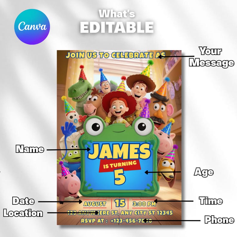 May include: A digital birthday invitation template featuring Toy Story characters wearing party hats. The center displays a green frog-shaped frame with the text JAMES IS TURNING 5. Below, placeholders for date, time, location, and phone number are visible.