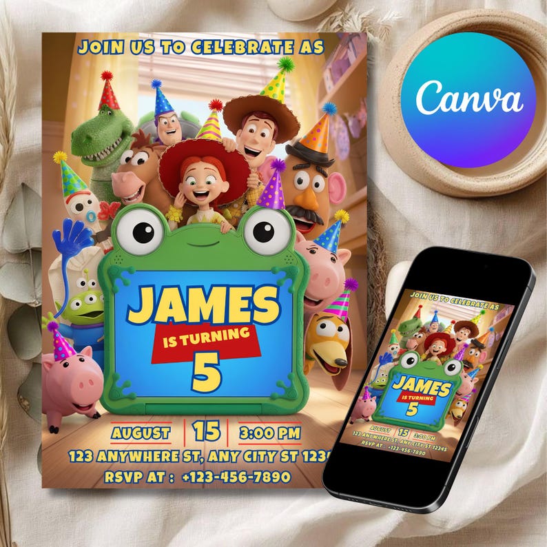 May include: A birthday invitation featuring Toy Story characters wearing party hats surrounding a green frog-shaped frame. The text reads: JOIN US TO CELEBRATE AS JAMES IS TURNING 5, AUGUST 15 3:00 PM, 123 ANYWHERE ST, ANY CITY ST 123, RSVP AT: +123-123-7890.