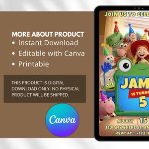 May include: A digital birthday invitation template featuring Toy Story characters including a green dinosaur, a cowboy, a cowgirl, and a pig. The text reads JOIN US TO CELEBRATE, JAMIE IS TURNING 5, AUGUST 15, 123 ANYWHERE ST, AND RSVP AT +123-456-7890.
