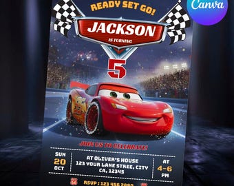 Editable Cars Birthday Invitation, Birthday Invitation, Lightning McQueen Invitation, Kids Birthday Invitation, Editable Canva Template