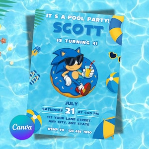 Sonic Pool Party Birthday Invitation, Sonic the Hedgehog Summer Party Invite, Digital Download, Editable Canva Template