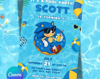 Sonic Pool Party Birthday Invitation, Sonic the Hedgehog Summer Party Invite, Digital Download, Editable Canva Template