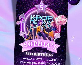 KPOP Demon Hunters Invitation, KPOP Demon Hunters Birthday invitation with cake topper, EDITABLE K Pop Birthday Invitation, K Pop Warriors