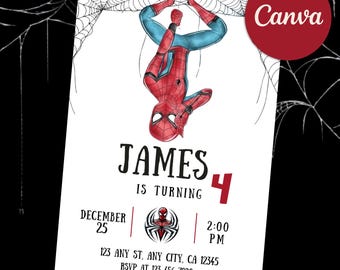 Spider Man Invitation, Spider-man Boys Birthday Party Digital Invitation, Kids Birthday Card, Digital Download, Editable Template Canva