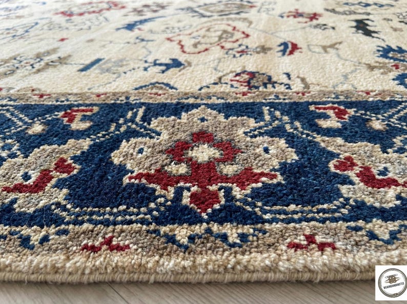 Patterned Rug Close Up Hand Knotted Oushak Wool Rug, Ivory Navy Blue Traditional Oriental ...
