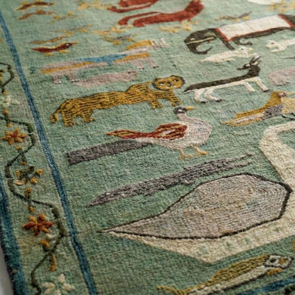 Tapis tissé à la main à motif animalier - tapis d'art folklorique scandinave vintage