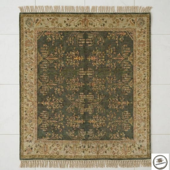 Moss Green Oushak Area Rug 8x10 – Hand Knotted Floral Vintage Wool