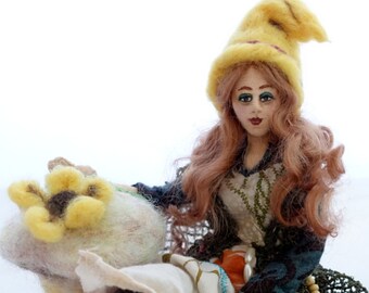 Art Doll, posable fairy, needle felted mushroom, fairy garden, girl's bedroom, unique gift for her, Fin Folk