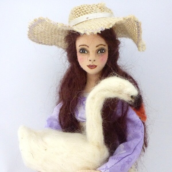 Grace art doll cloth needle felt swan purple Victorian girl soft sculpture