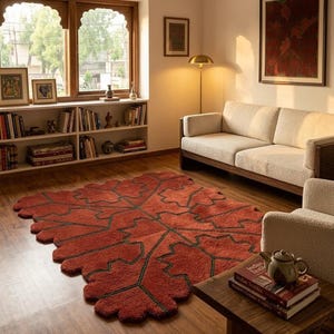 Rust Red Wool Area Rug Geometric Leaf Pattern Hand Tufted Plush Luxury Soft Modern Rug Living Room Carpet 8x10 9x12 Custom Size