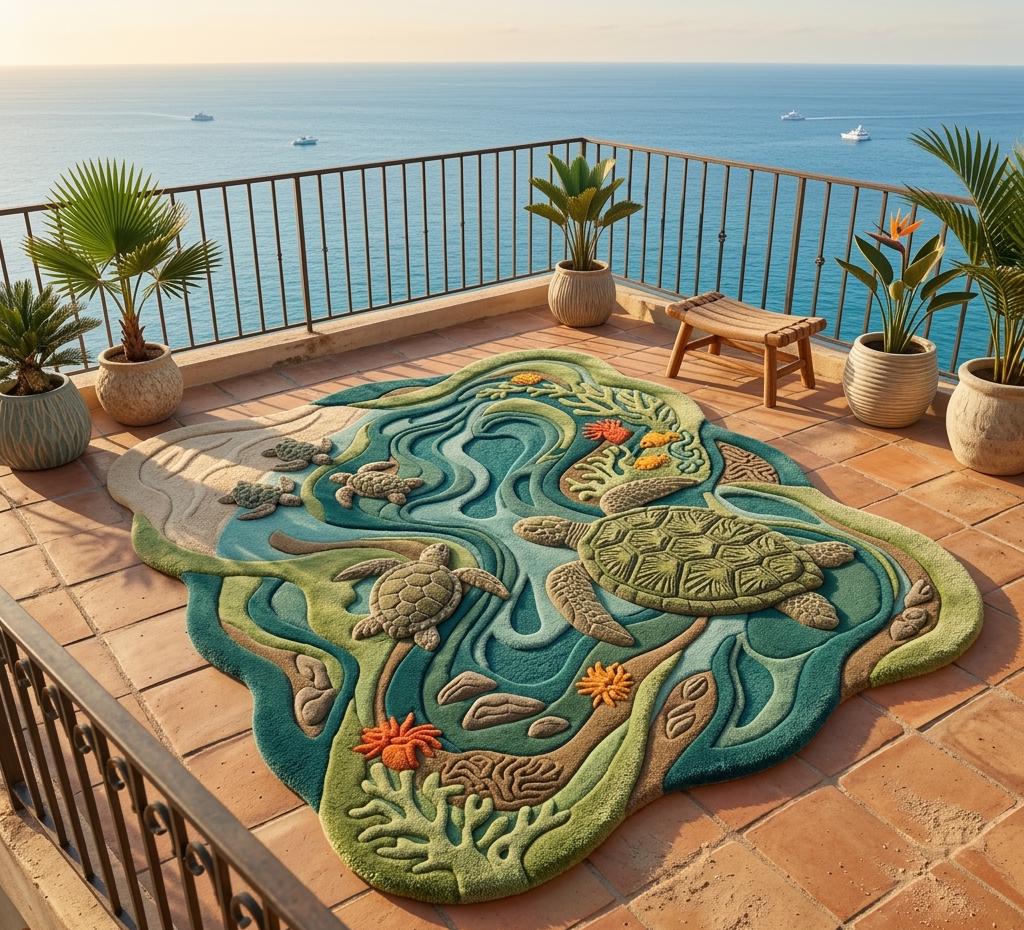 Sea Turtle Coastal Area Rug: Hand-tufted New Zealand Wool Ocean Art Rug ...