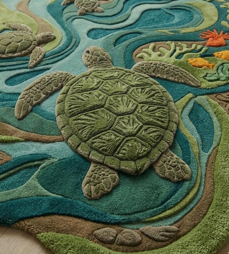 Blue Turtle Rug Sea Turtle Coastal Area Rug: Hand-tufted New Zealand Wool Ocean Art Rug ...