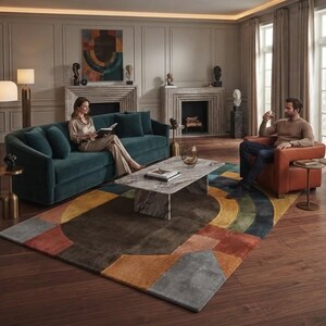 Geometrischer Wollteppich, handgetufteter Mid-Century-Teppich, großes rechteckiges Bodenkunstwerk, Teppich in gebranntem Orange und Olivgrau, modernes Wohnzimmer