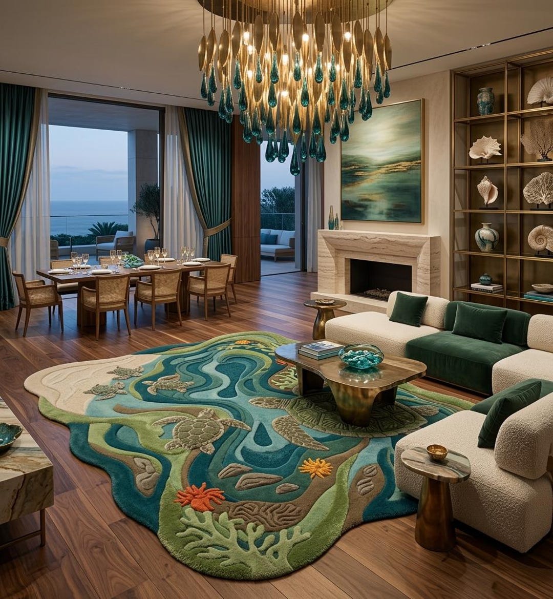 Fairpoint Sea Rug Sea Turtle Coastal Area Rug: Hand-tufted New Zealand Wool Ocean Art Rug ...