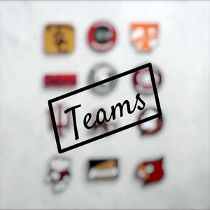 May include: A collection of various blurred sports team logos arranged in a grid pattern. A black rectangular frame is superimposed over the centre of the image with the word Teams written in a black cursive script font across the middle.
