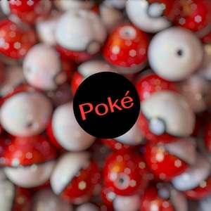 May include: A collection of spherical beads featuring a red and white design resembling a ball, with a central black circle containing the red text Poké. Each bead has a small hole, and the overall arrangement creates a repetitive pattern.