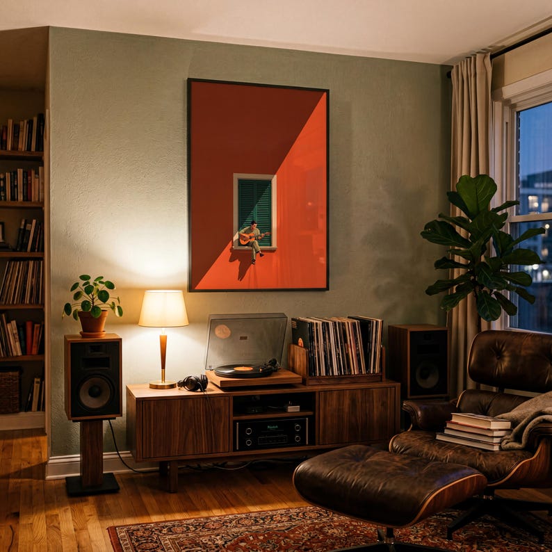 May include: A framed wall art print featuring a person sitting on a window ledge playing an acoustic guitar against a solid orange background, displayed in a room with a wooden media console, vinyl records, speakers, and a leather lounge chair.