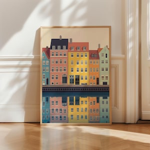 Stampa con illustrazione di Copenhagen Nyhavn, colorata decorazione murale scandinava, poster di architettura nordica, paesaggio urbano danese per soggiorno.