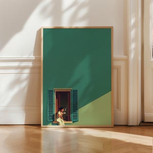 May include: A framed vertical wall art print featuring a solid dark green wall with a single open window. A figure sits on the window ledge holding a steaming white cup. The window has blue-green shutters and a light green diagonal shadow.