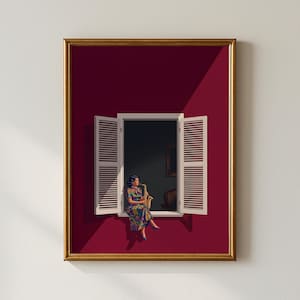 Saxophonspielerin als Fensterbild, Vintage-Jazz-Wandkunst, burgunderrotes Musikposter, Retro-Frauengrafik, Wohnzimmerdekoration
