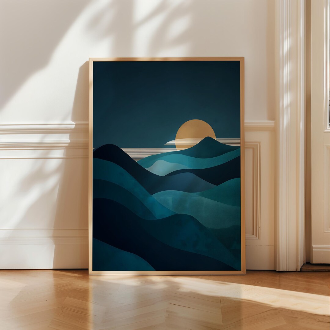 Abstract Mountain Moonrise Print | Japandi Wall Art, Teal Gold ...
