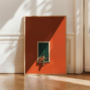Illustrazione di un chitarrista su stampa per finestra, arte murale mediterranea, poster grafico minimalista, decorazione per soggiorno in terracotta arancione acceso