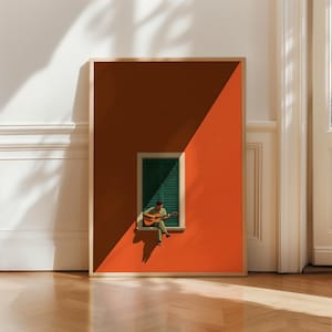 Guitar Player Window Illustration Print | Mediterranean Wall Art, Minimalist Graphic Poster, Bold Orange Terracotta, Living Room Decor