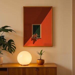 May include: A framed wall art print featuring a vibrant orange building facade with a central window. A person sits on the window ledge playing an acoustic guitar. The window has dark green shutters and is cast in a sharp, diagonal shadow.