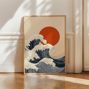 Japońska fala i czerwone słońce | Grafika ścienna w stylu japońskim, plakat z motywem oceanicznego ukiyo-e, minimalistyczny wystrój japoński, sztuka w stylu marynistycznym do salonu