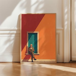 Old Man Reading Book Illustration Print, Mediterranean Wall Art, Terracotta Orange Graphic Poster, Minimalist Living Room Decor, Japandi Art
