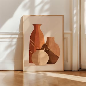 Abstract Vase Still Life Print | Terracotta Kintsugi Wall Art, Minimalist Pottery Illustration, Earth Tone Living Room Decor, Japandi