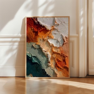 Lámina decorativa abstracta con textura de empaste / Decoración en tonos verde azulado cálido y naranja, arte moderno para sala de estar.