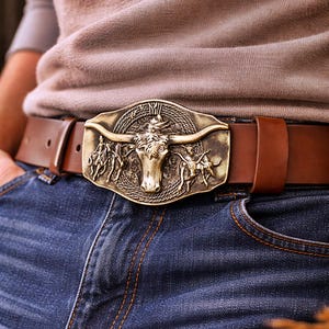 Vintage Western Herren Ledergürtel mit großer Stierkopfschnalle, breites Rindsleder, große Größen