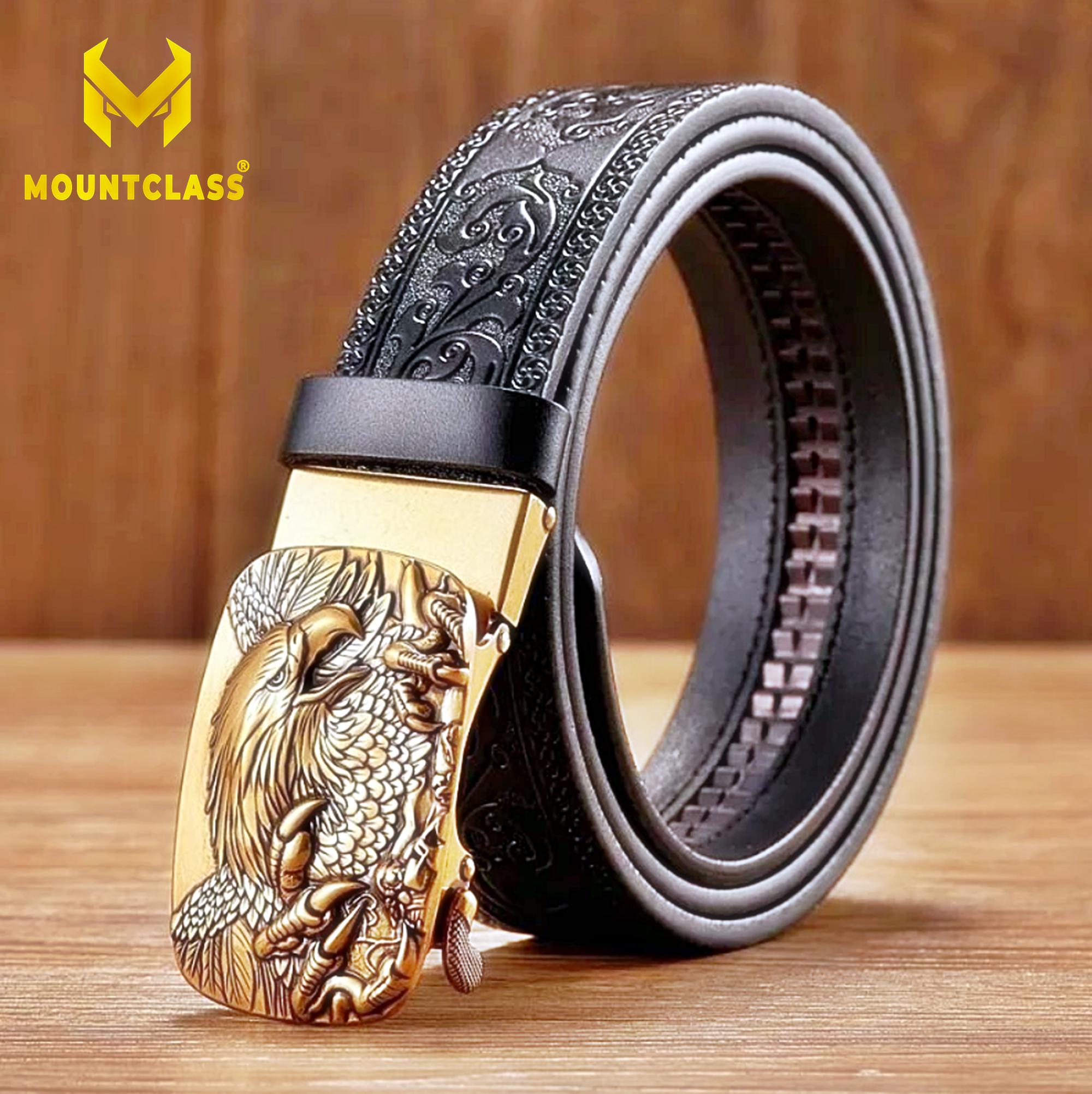 Men Leather Ratchet Belt Gold Eagle Buckle Automatic No Hole Belt Gift ...