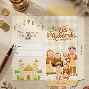 Puede incluir: Tarjeta de felicitación beige de Eid Mubarak con una ilustración familiar y el texto "Wishing you a very Happy Eid!". La tarjeta presenta un diseño de mezquita y espacio para los detalles "De:" y "Para:". La tarjeta está abierta, revelando dinero en el interior.